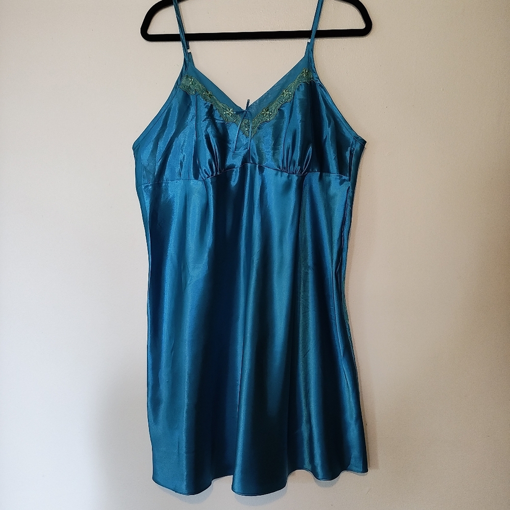 CACIQUE WOMEN'S CHEMISE LACE TIE-BACK SLIP DRESS TEAL/TURQUOISE PLUS SIZE 18/20